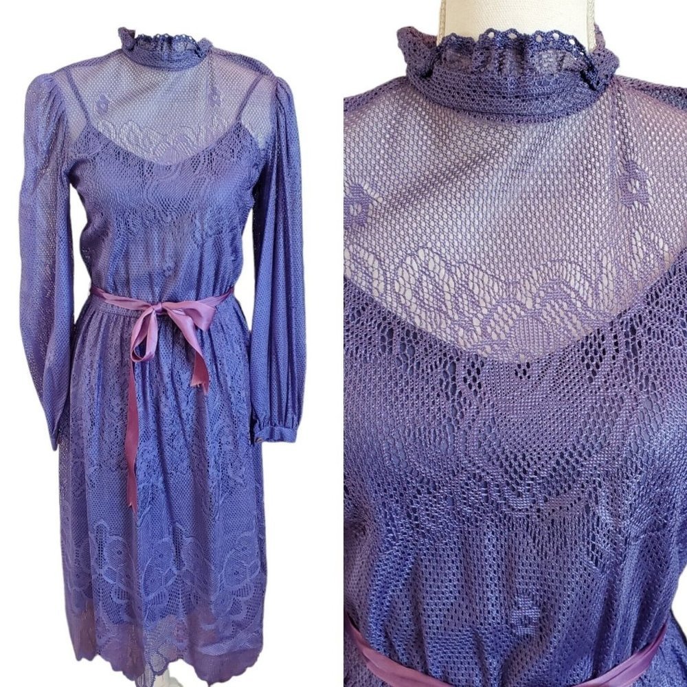 Vintage 70s 80s Lace Doily Overlay Longsleeve Midi Dress Purply Blue w Slip | XS